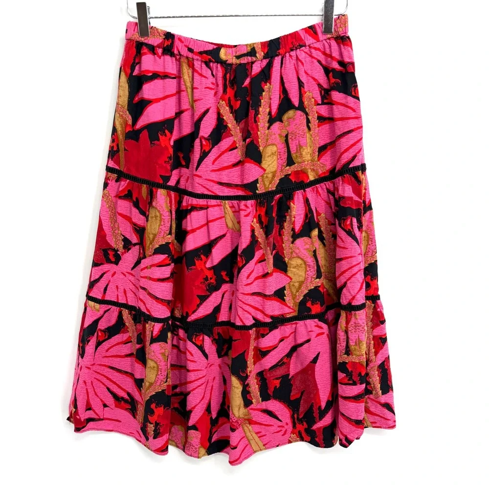 J. Crew Tiered Pull On Midi Skirt Size S Floral Tropical Palm Print Pink Red - Picture 4 of 9